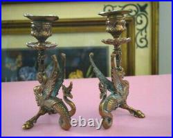 Antique Vintage Unique Pair Brass Griffins Sphinx Dragon Candle Holders Sticks