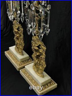 Antique Vtg Ornate Marble Gilded Candle Stick Pair Crystal Prisms Italy French