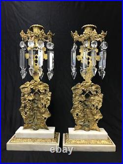 Antique Vtg Ornate Marble Gilded Candle Stick Pair Crystal Prisms Italy French