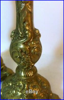 Antique Vtg Pair Brass CANDLEHOLDERS Candlesticks FRENCH ROCOCO SHELL Flowers