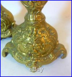 Antique Vtg Pair Brass CandleHolders Candlesticks French Rococo Shells Flowers