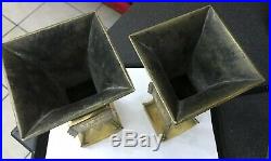 Antique Vtg Pair Square Mask Face Chinese Vases Candlesticks Heavy Brass Bronze
