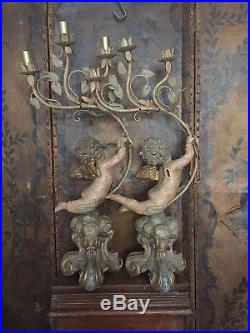 Antique/vintage Large Wood Cherub/ Angel Candlesticks-lamp/bases Restoration