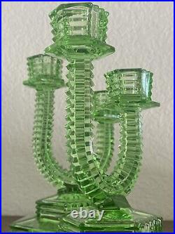 Art Deco URANIUM Green Glass Candlesticks 1930s Candle Holder Glowing Cactus VTG