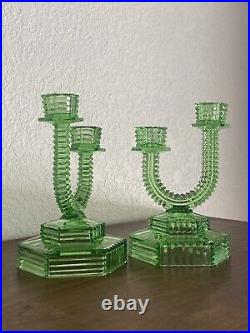 Art Deco URANIUM Green Glass Candlesticks 1930s Candle Holder Glowing Cactus VTG