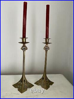 Art Nouveau WMF Style Bronzed Metal Vintage Tall Candle Sticks Pair