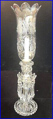 BACCARAT Candlestick Etched Glass Hurricane Shade Dangling Lusters Vintage