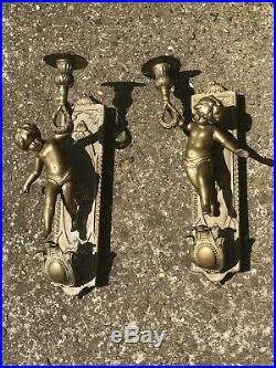 Beautiful French Brass Wall Candlesticks With Cherub Details Vintage Items