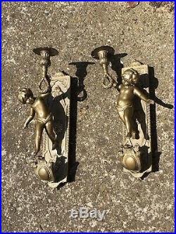 Beautiful French Brass Wall Candlesticks With Cherub Details Vintage Items