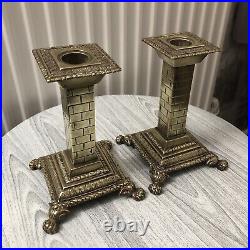 Beautiful Pair Of Solid Brass Antique / Vintage Candlesticks / Square / Rare