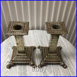 Beautiful Pair Of Solid Brass Antique / Vintage Candlesticks / Square / Rare