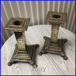 Beautiful Pair Of Solid Brass Antique / Vintage Candlesticks / Square / Rare