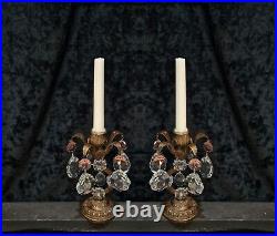 Beautiful Pair Vintage Italian Crystal Toleware Leaf Candlesticks Candelabras