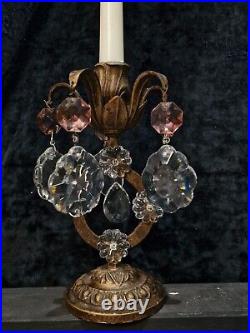Beautiful Pair Vintage Italian Crystal Toleware Leaf Candlesticks Candelabras