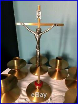 Beautiful Rare Vintage 7 Piece Catholic Church Altar Crucifix & Candle Stick Set