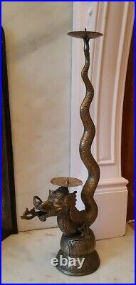 Beautiful VINTAGE Large Brass Chinese Dragon double Candle Holder candlestick