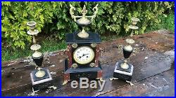 Beautiful Vintage Art Deco Spelter & Marble French Clock With Candlesticks