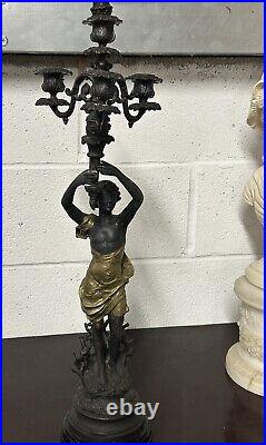 Beautiful Vintage Bronze Metal Female Figurine Candelabra After Emile Bruchon