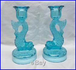 Beautiful Vintage Pair Of Aqua Blue Round Depression Glass Dolphin Candlesticks