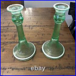 Beautiful pair of vintage uranium glass 9 inch candlesticks