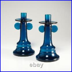 Bertil Vallien Kosta Boda Afors Sweden Blue Glass Series Candlestick Holders Vtg