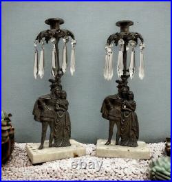 Brass Lustre Candlesticks. 36 cms tall