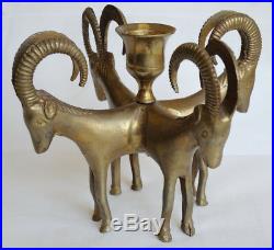 Bronze Brass single candlestick four ram's head antique vintage artwork sculture