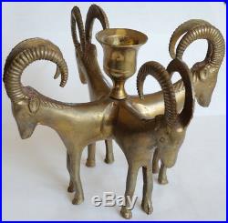 Bronze Brass single candlestick four ram's head antique vintage artwork sculture