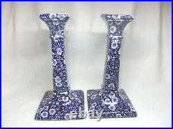 Burleigh Calico 2 x Candlesticks Candle Holders Pair Floral Blue & White Rare
