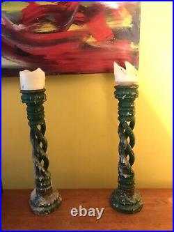 CANDLESTICKS GOTHIC GREEN Beautiful Vintage Lovely Design Mid Century V Rare