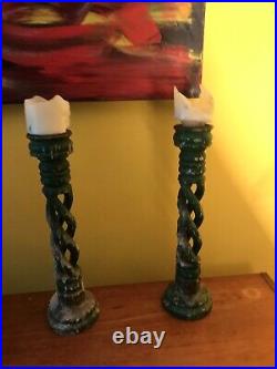 CANDLESTICKS GOTHIC GREEN Beautiful Vintage Lovely Design Mid Century V Rare