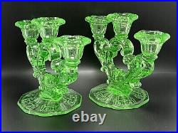 Cambridge Glass Triple Light Candleholder Sticks, Green with Cleo Etch- Pair