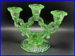 Cambridge Glass Triple Light Candleholder Sticks, Green with Cleo Etch- Pair