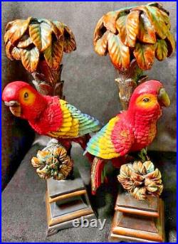 Candlestick Holders Set of 2 Parrots Perched In Palm Trees Vintage