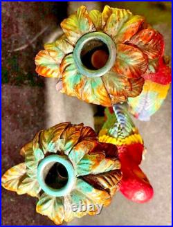 Candlestick Holders Set of 2 Parrots Perched In Palm Trees Vintage