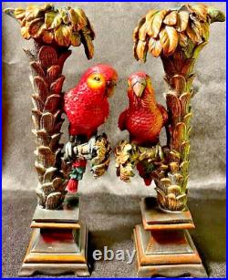 Candlestick Holders Set of 2 Parrots Perched In Palm Trees Vintage