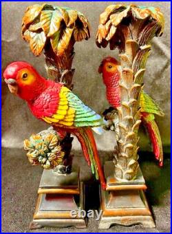 Candlestick Holders Set of 2 Parrots Perched In Palm Trees Vintage