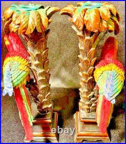 Candlestick Holders Set of 2 Parrots Perched In Palm Trees Vintage