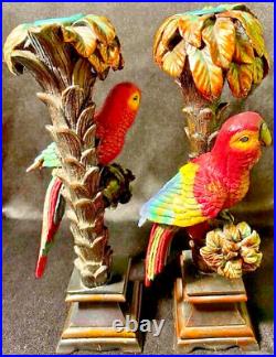 Candlestick Holders Set of 2 Parrots Perched In Palm Trees Vintage