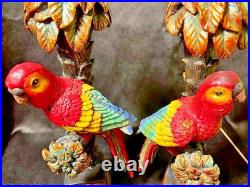 Candlestick Holders Set of 2 Parrots Perched In Palm Trees Vintage