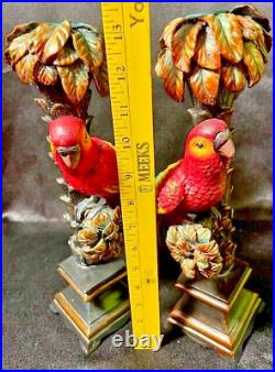 Candlestick Holders Set of 2 Parrots Perched In Palm Trees Vintage