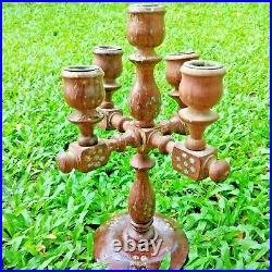 Ceylon Vintage Rose Wood Candlestick Holder Brass Embed Pillar Taper Handcraft