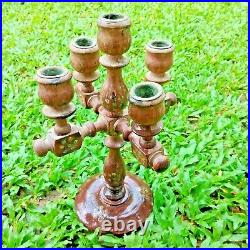 Ceylon Vintage Rose Wood Candlestick Holder Brass Embed Pillar Taper Handcraft