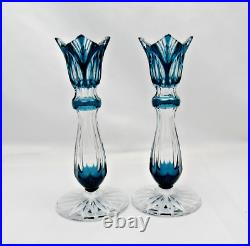 Crystal Candlesticks Azure Blue / Clear Crystal Bohemian Vintage Czech 7 Tall