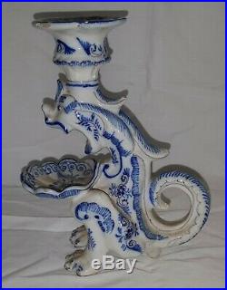 Delft blue & white vintage Victorian antique dragon candlestick / chamber stick
