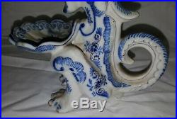 Delft blue & white vintage Victorian antique dragon candlestick / chamber stick