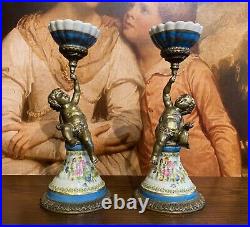 EXQUISITE PAIR Wong Lee BRONZED GILT METAL & CERAMIC PUTTI CHERUB CANDLESTICKS