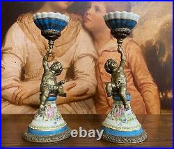 EXQUISITE PAIR Wong Lee BRONZED GILT METAL & CERAMIC PUTTI CHERUB CANDLESTICKS