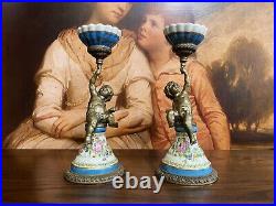 EXQUISITE PAIR Wong Lee BRONZED GILT METAL & CERAMIC PUTTI CHERUB CANDLESTICKS