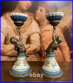 EXQUISITE PAIR Wong Lee BRONZED GILT METAL & CERAMIC PUTTI CHERUB CANDLESTICKS